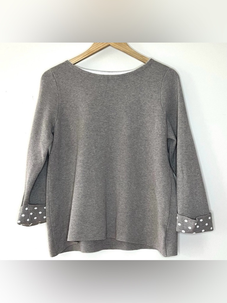 Grey Polka Dot Cuffed Crew Neck Silky Sweater M Sweatshirt Top